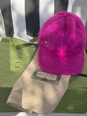 Gucci Fuchsia Mohair Baseball Cap with Gold GG Accent